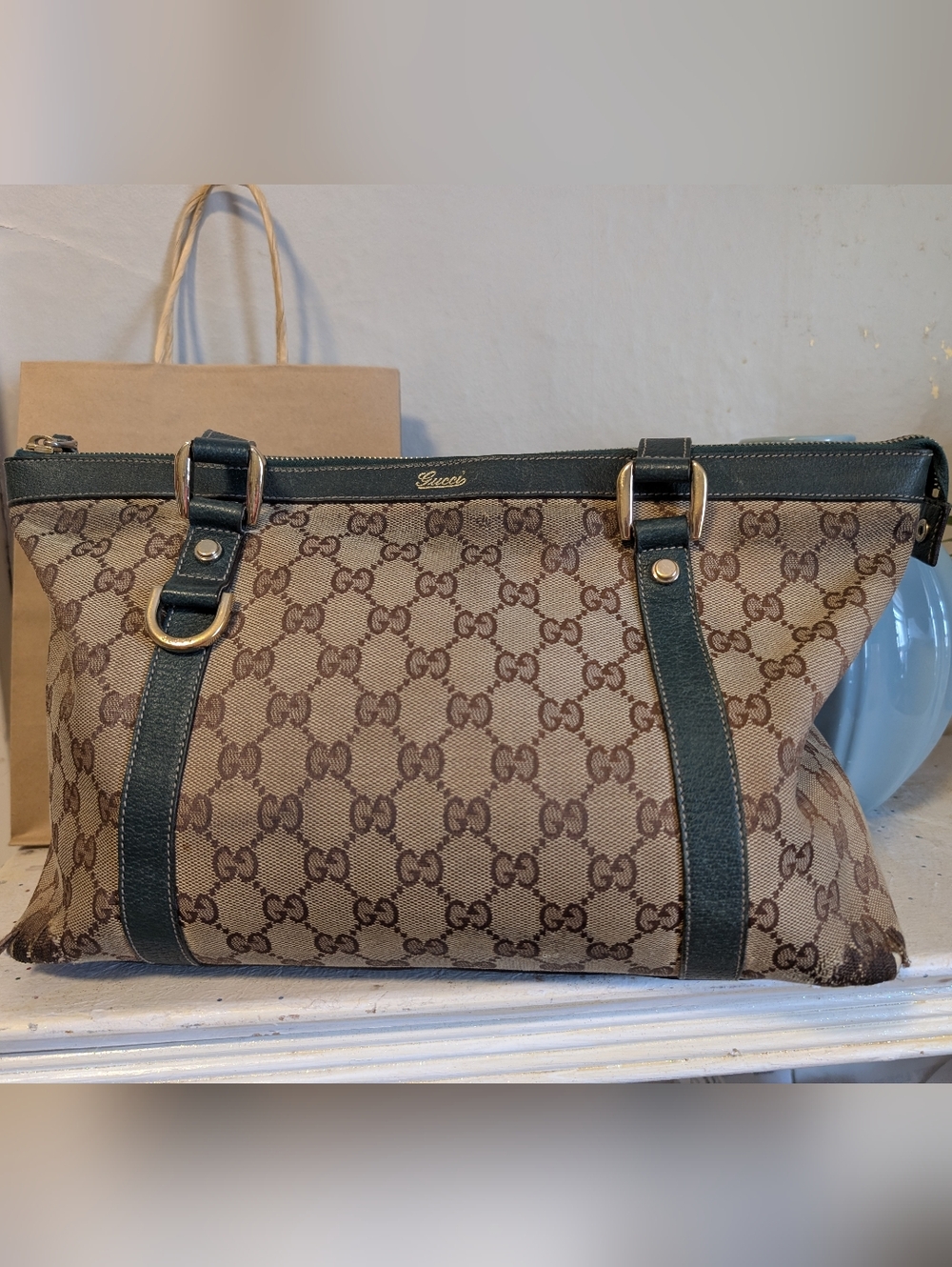 Gucci Abbey Tote W/ Dark Green Trim